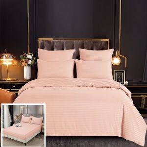 Lenjerie Damasc Riga Dc009, Damasc, 6 Piese, Cu Elastic, Roz