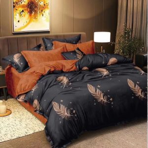 Lenjerie De Pat Wolves Xc046, Bumbac, 4 Piese, Cu Elastic, Negru, Portocaliu