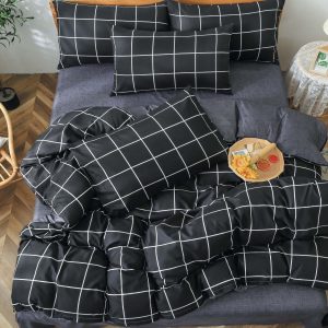 Lenjerie De Pat Ring Xc047, Bumbac, 4 Piese, Cu Elastic, Gri, Negru