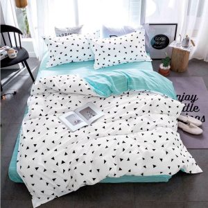 Lenjerie De Pat Lamine Xc055, Bumbac, 4 Piese, Cu Elastic, Alb, Albastru