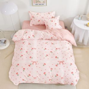 Lenjerie De Pat Pauli Xc078, Bumbac, 4 Piese, Cu Elastic, Roz