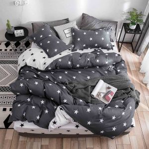 Lenjerie De Pat Berlin Xc095, Bumbac, 4 Piese, Cu Elastic, Gri, Negru