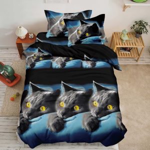 Lenjerie De Pat 3D - Xu005, Bumbac, 4 Piese, Fara Elastic, Imprimeu, Negru