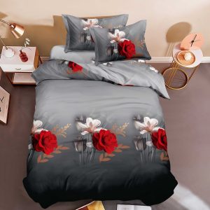 Lenjerie De Pat 3D - Hera Xu020, Bumbac, 4 Piese, Fara Elastic, Gri, Imprimeu