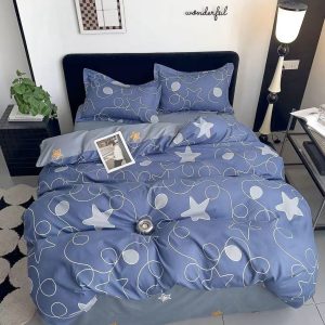 Lenjerie De Pat Slime Xf031, Bumbac, 4 Piese, Fara Elastic, Albastru