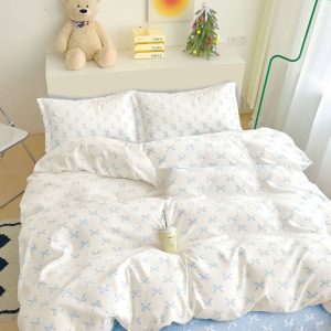 Lenjerie De Pat Fitty Xf038, Bumbac, 4 Piese, Fara Elastic, Alb, Albastru