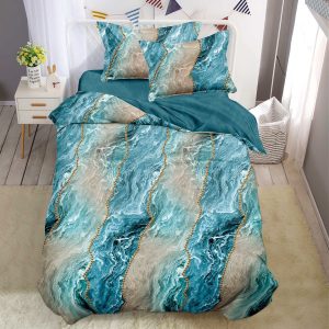 Lenjerie De Pat Saphir Xf060, Bumbac, 4 Piese, Fara Elastic, Albastru, Imprimeu