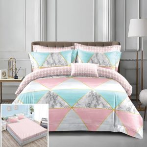 Lenjerie Pat Ramos Px052, Bumbac, 4 Piese, Cu Elastic, Albastru, Imprimeu, Roz