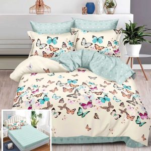 Lenjerie Pat Layka Sx017, Bumbac, 6 Piese, Cu Elastic, Albastru, Crem, Imprimeu