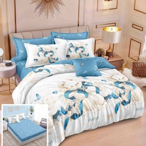 Lenjerie Pat Chloe Sx022, Bumbac, 6 Piese, Cu Elastic, Alb, Albastru