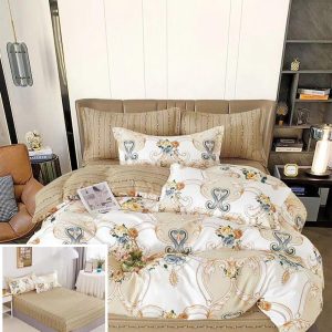 Lenjerie Pat Ahira Sx099, Bumbac, 6 Piese, Cu Elastic, Crem, Imprimeu