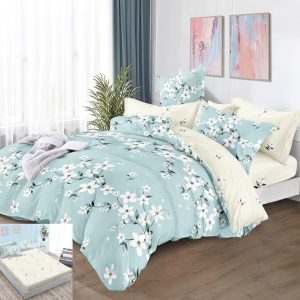 Lenjerie Pat Fathia Sx142, Bumbac, 6 Piese, Cu Elastic, Alb, Albastru