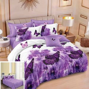 Lenjerie Pat Doina Sf065, Bumbac, 4 Piese, Fara Elastic, Imprimeu, Lila