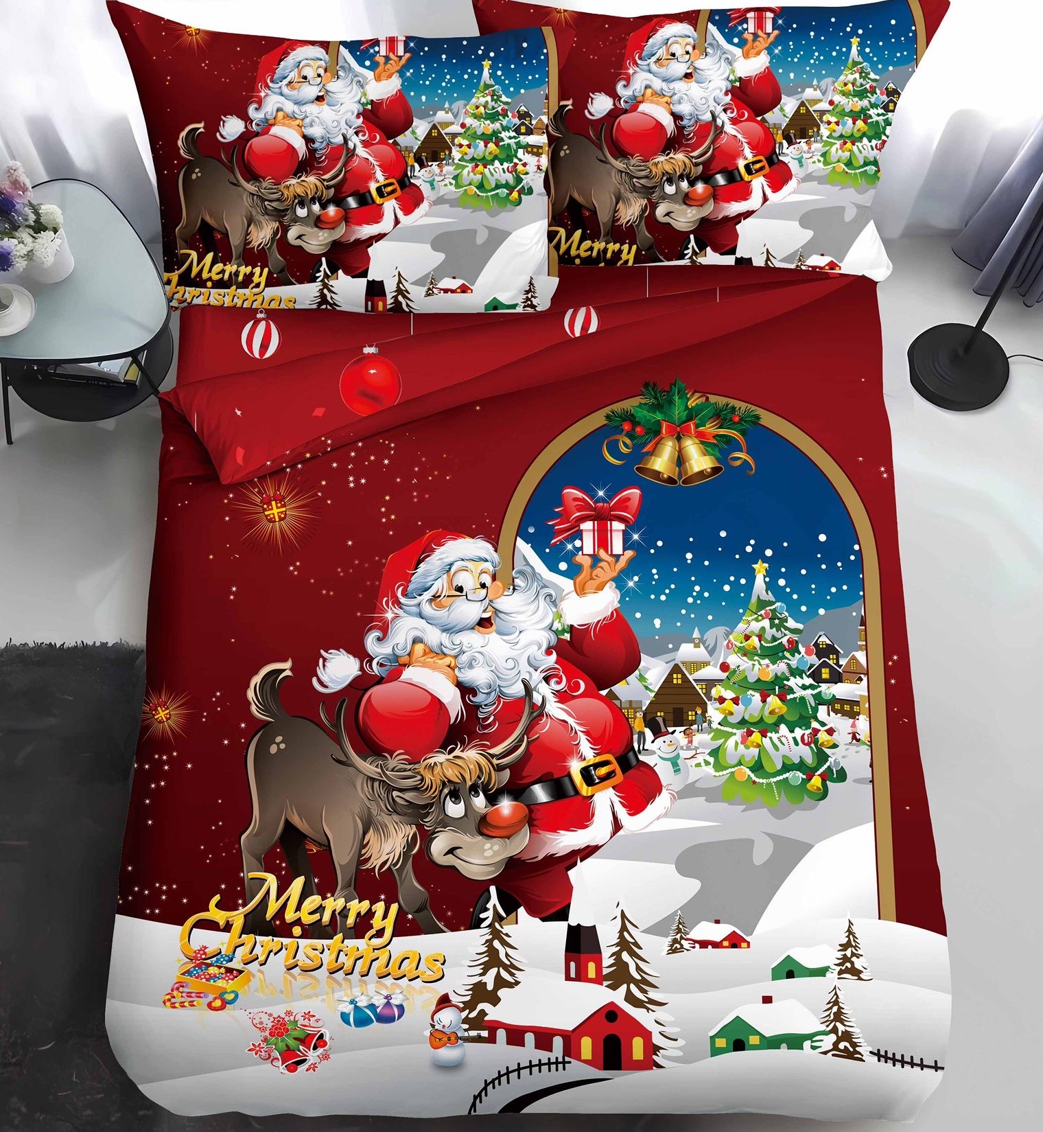 Lenjerie Pat De Craciun O Persoana Plapimor Cr052, Bumbac, 4 Piese, Cu Elastic, Imprimeu