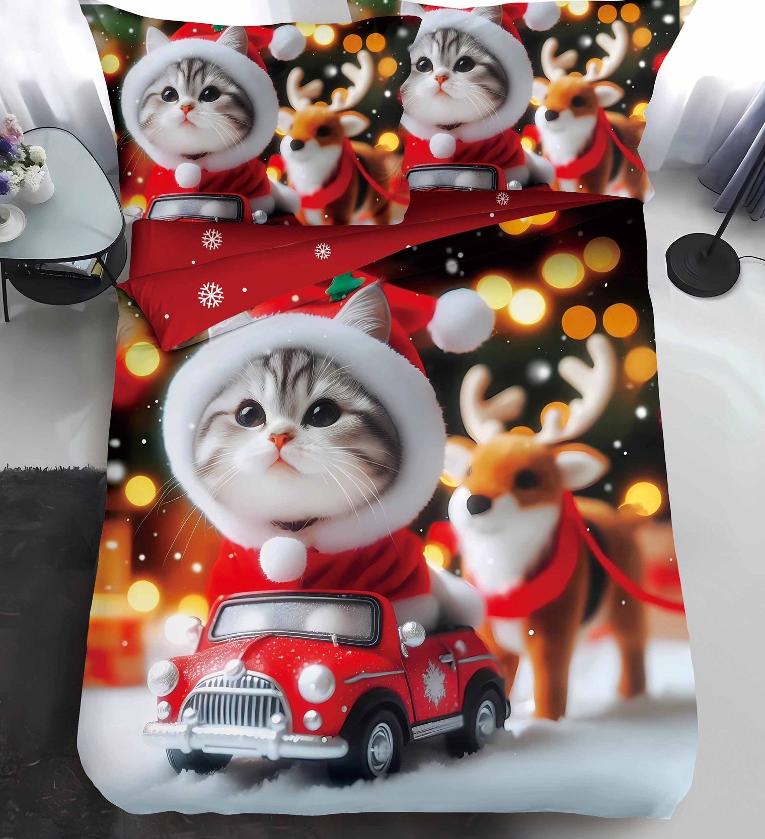 Lenjerie Pat De Craciun O Persoana Albaris Cr064, Bumbac, 4 Piese, Cu Elastic, Imprimeu