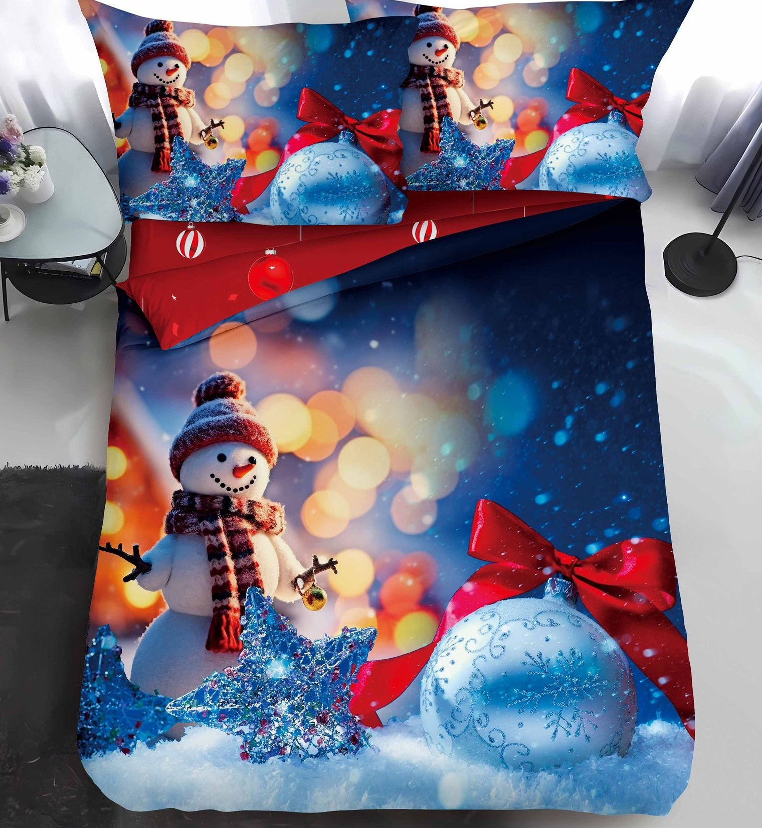 Lenjerie Pat De Craciun O Persoana Hibernal Cr054, Bumbac, 4 Piese, Cu Elastic, Imprimeu