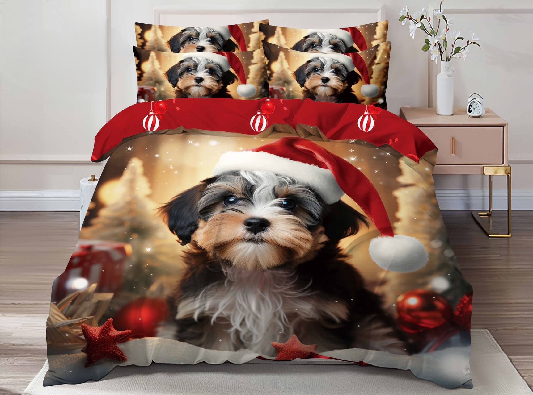 Lenjerie Pat De Craciun Gerus Cr005, Bumbac, 6 Piese, Fara Elastic, Imprimeu