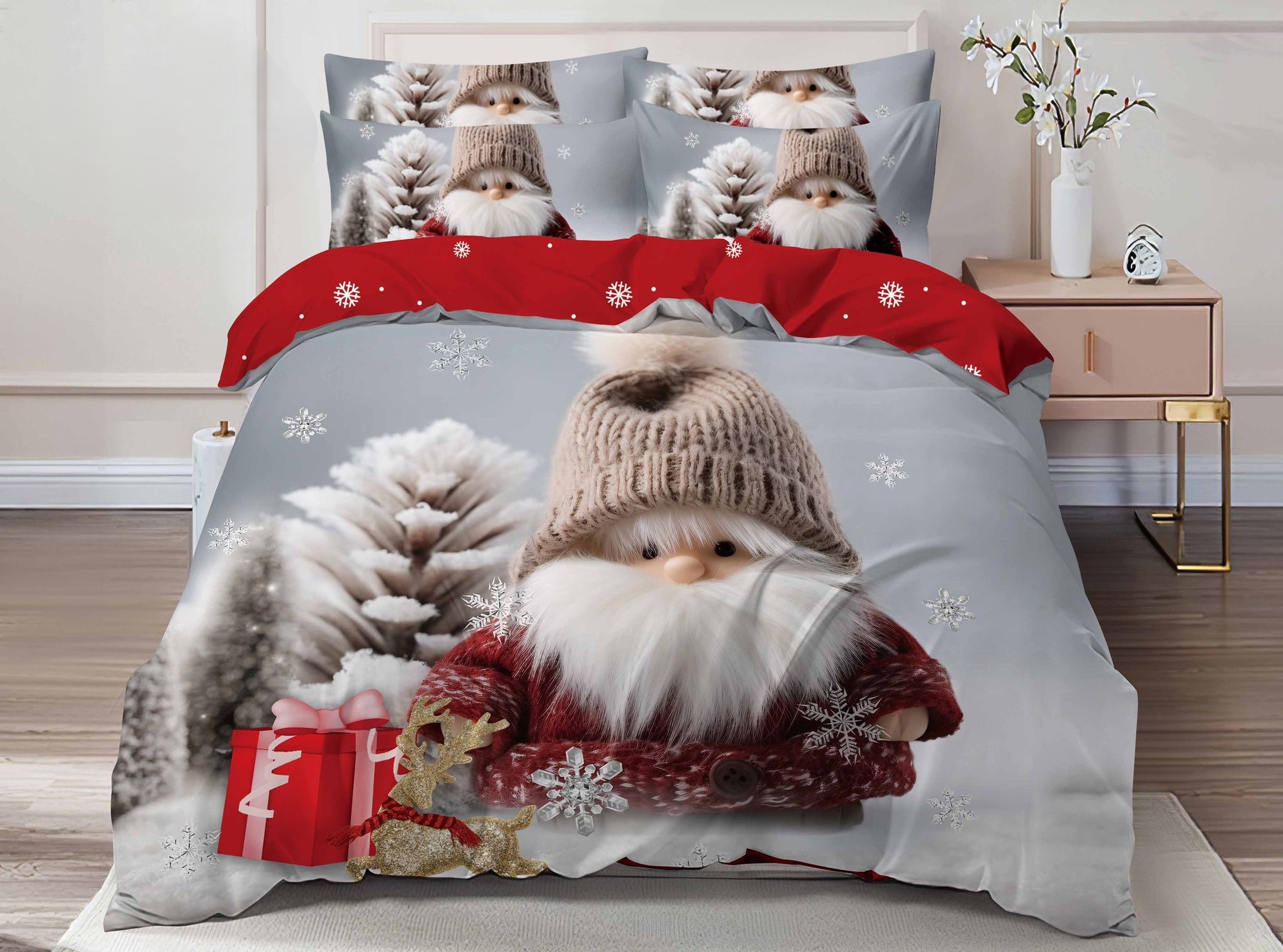 Lenjerie Pat De Craciun Natal Cr035, Bumbac, 6 Piese, Fara Elastic, Imprimeu