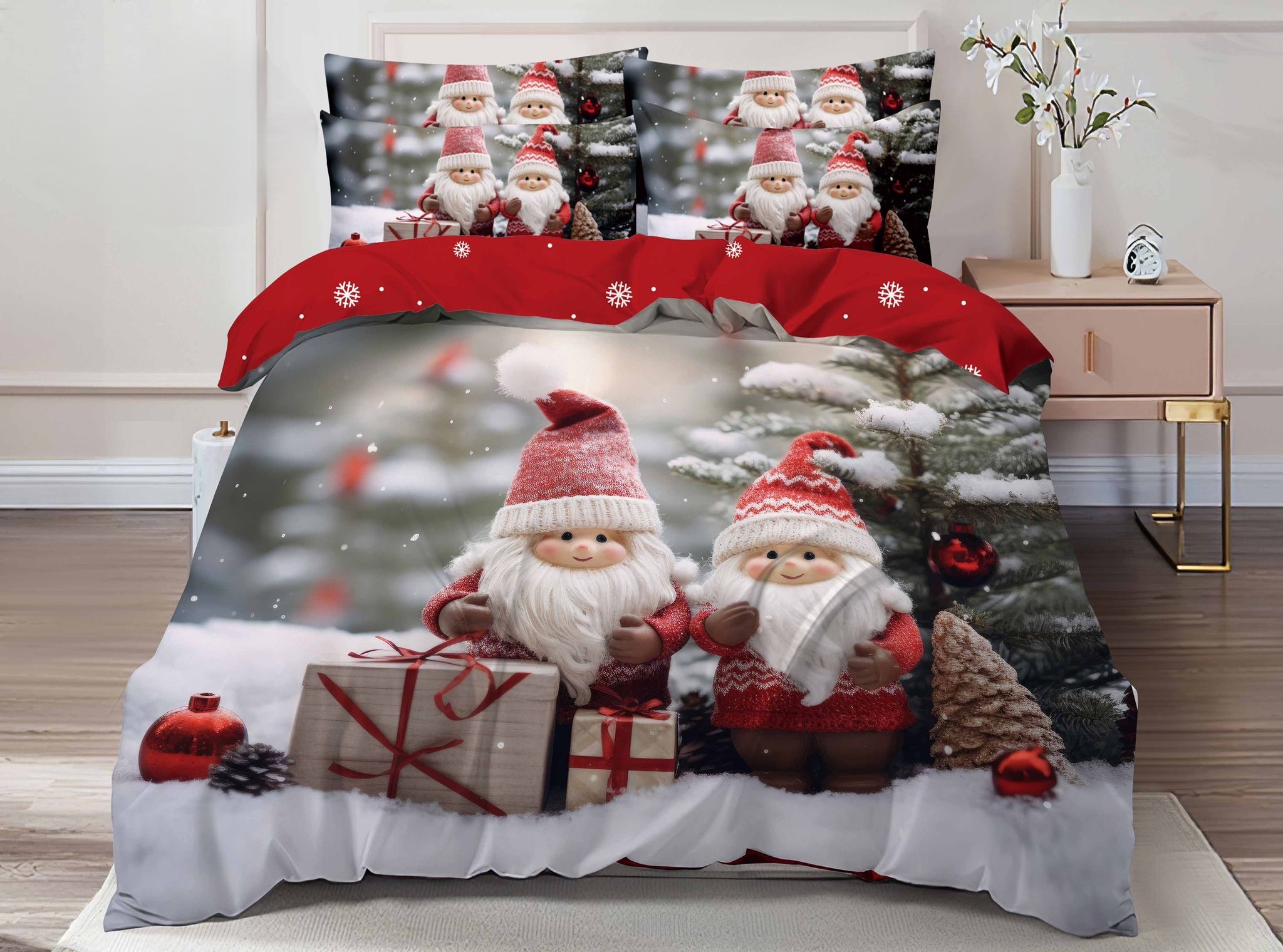 Lenjerie Pat De Craciun Prancer Cr012, Bumbac, 6 Piese, Fara Elastic, Imprimeu