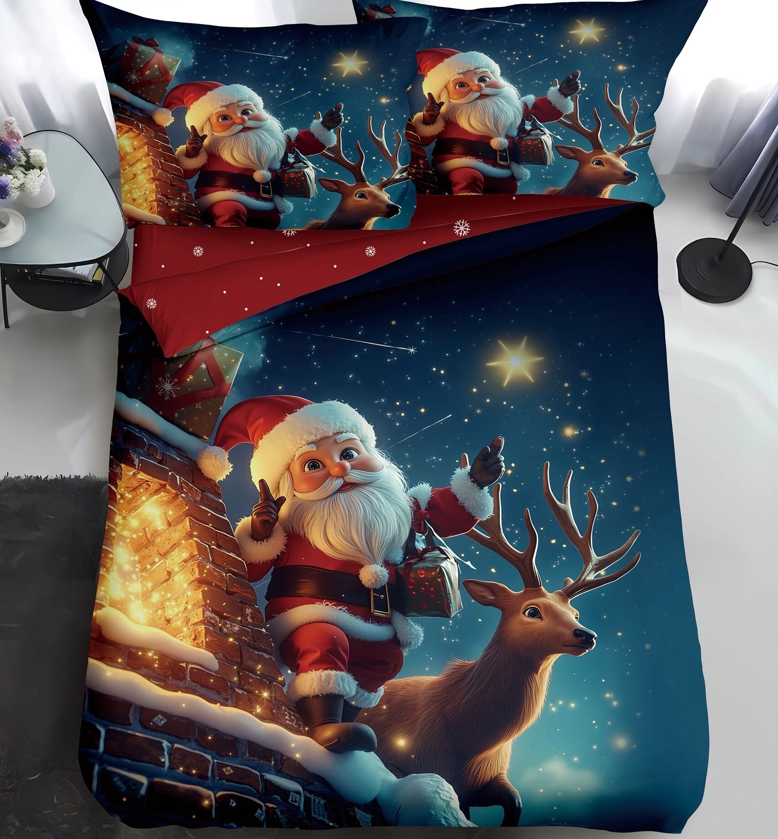 Lenjerie Pat De Craciun O Persoana Velvique Cr058, Bumbac, 4 Piese, Cu Elastic, Imprimeu